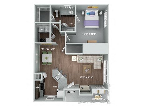 Floor plan for 1 bed, 1 bath, 764 sqft